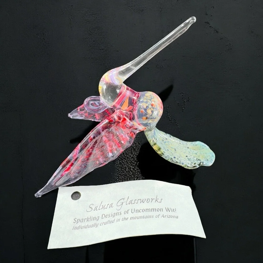 Bandhu Dunham Hand Blown Salusa Glass Christmas Ornament Hummingbird Figure Tag